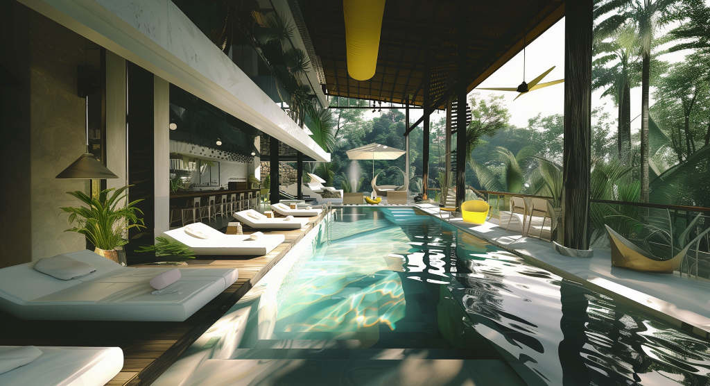 Resort pool and lounge — hospitality design by Yacouba Galle