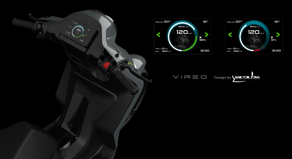 Digital dashboard and interface design for the Vireo scooter. A clean, intuitive and high-contrast display crafted by Yacouba Design Studio
