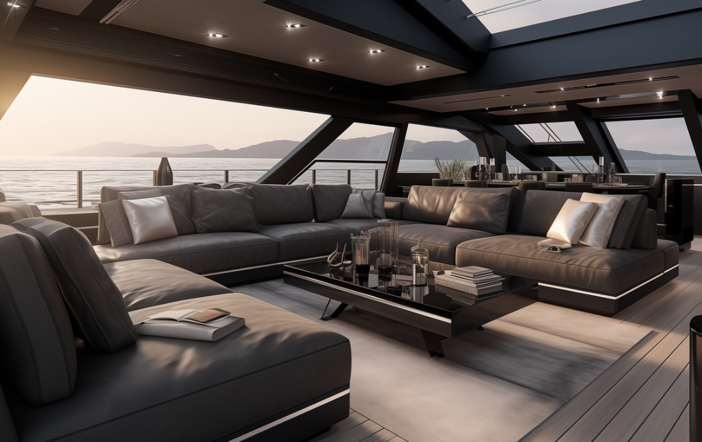 A modern panoramic salon blending generous volumes, architectural lines and refined comfort. Subtle lighting, structured geometry and premium materials create a spacious, contemporary living environment designed for sea-level luxury. Designed by Yacouba Galle