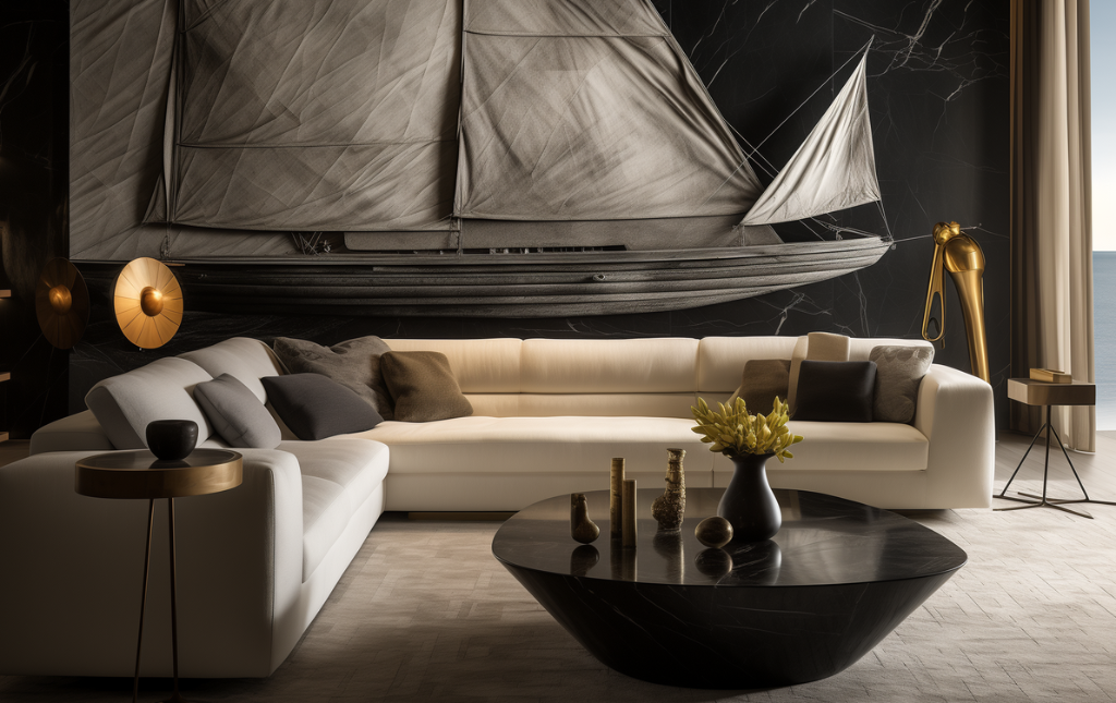 A refined yacht lounge featuring a monumental sculptural art wall, blending soft lighting, premium materials and a harmonious monochrome palette. The space evokes timeless elegance and masterful craftsmanship. Concept and design by Yacouba Galle