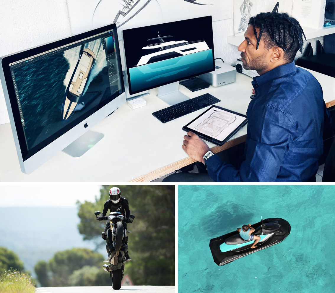 Behind the scenes with designer Yacouba Galle: creating a yacht concept in his studio, testing a high-performance motorcycle, and navigating his electric jet ski prototype in crystal-clear waters. A fusion of design, riding experience and real-world testing