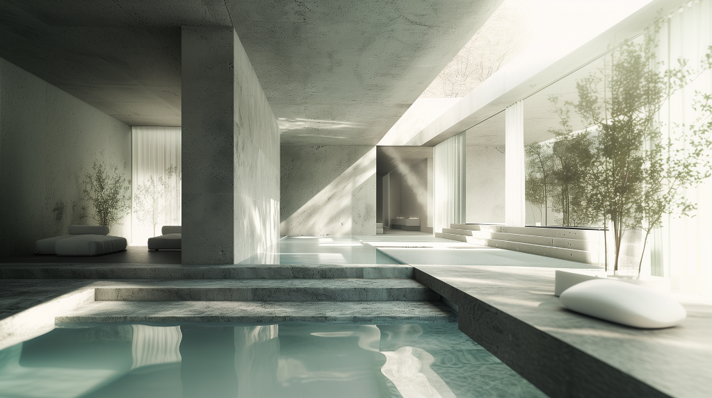 Architectural Spa Concept Minimalist architectural interior – Spa & wellness concept. Natural light, mineral materials and spatial serenity designed for luxury hospitality environments