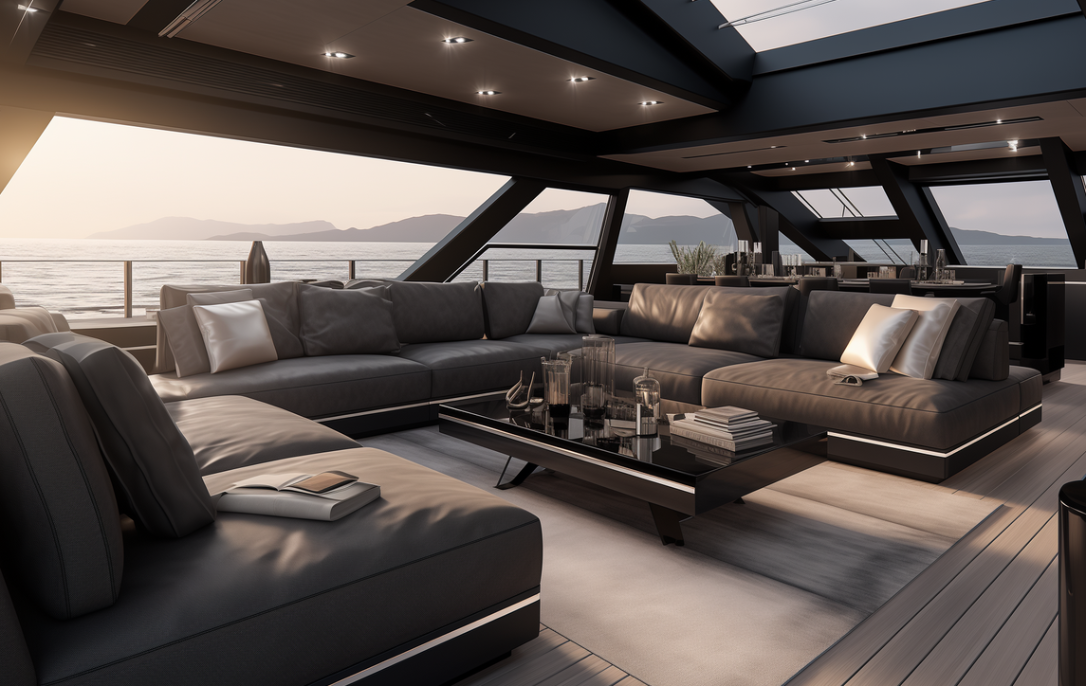 A modern panoramic salon blending generous volumes, architectural lines and refined comfort. Subtle lighting, structured geometry and premium materials create a spacious, contemporary living environment designed for sea-level luxury. Designed by Yacouba Galle