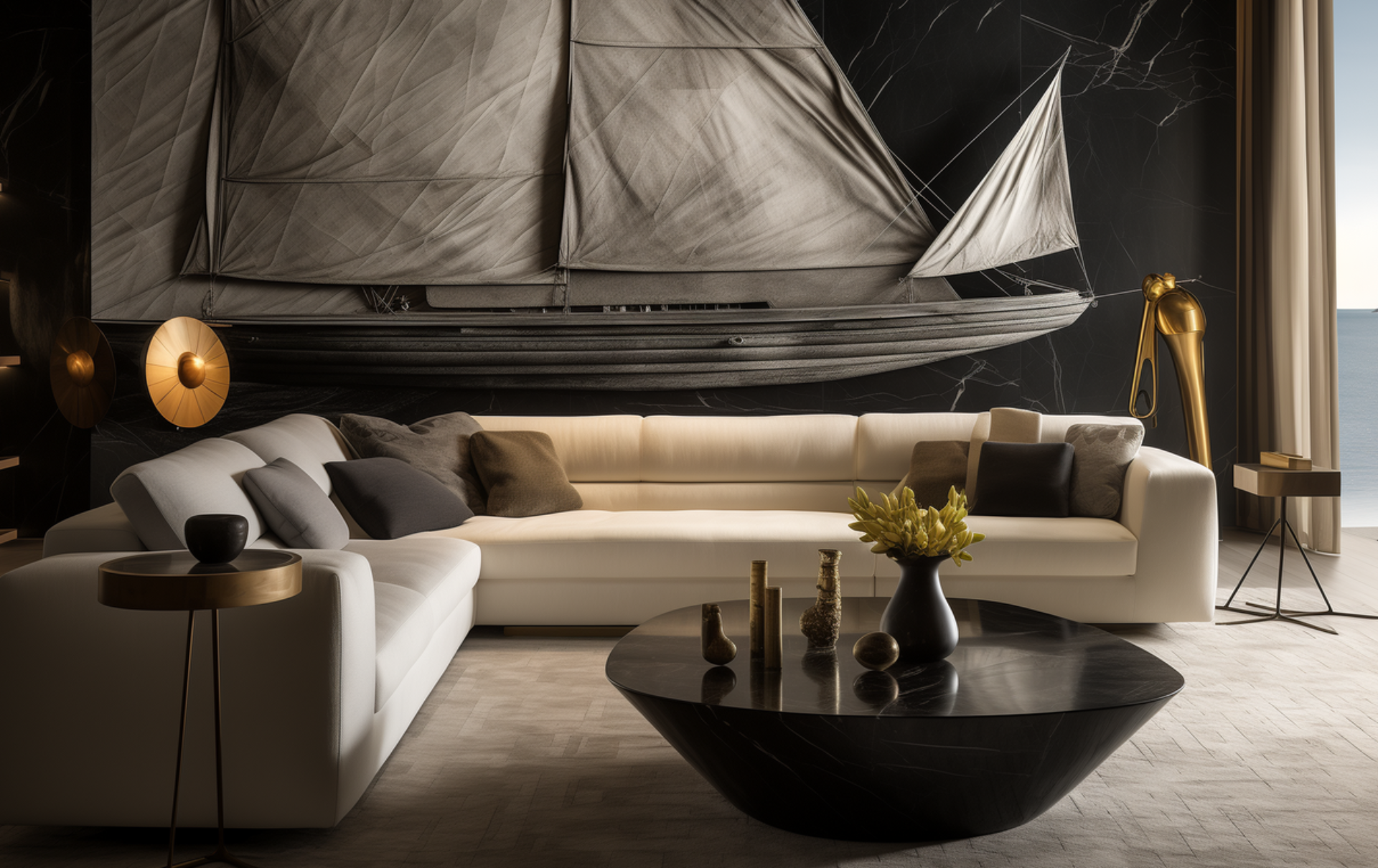 A refined yacht lounge featuring a monumental sculptural art wall, blending soft lighting, premium materials and a harmonious monochrome palette. The space evokes timeless elegance and masterful craftsmanship. Concept and design by Yacouba Galle