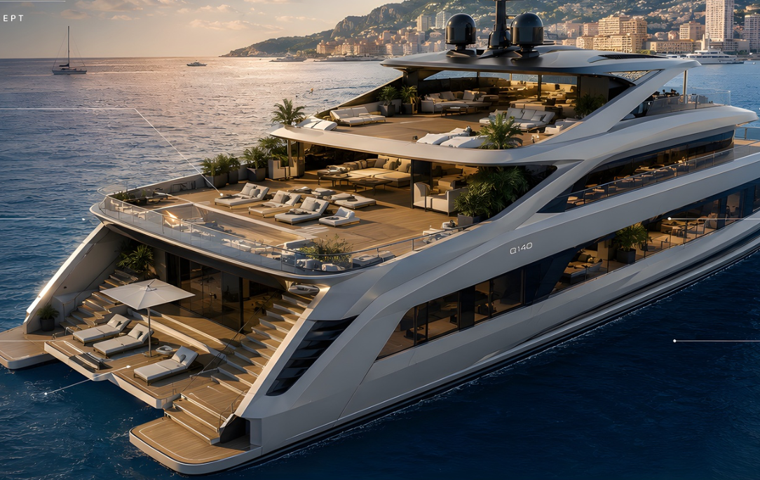 140 superyacht concept by Yacouba Design Studio – exterior yacht design and expansive aft terraces